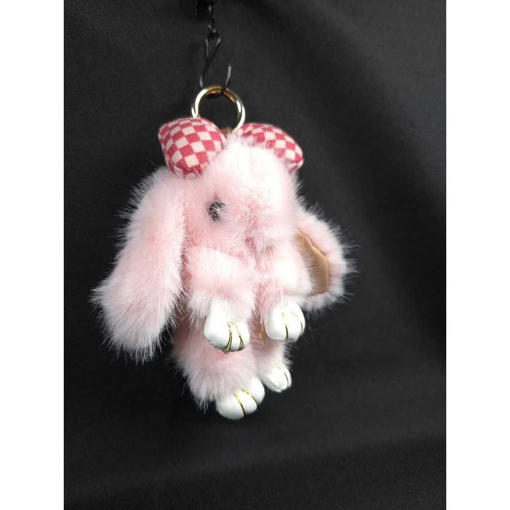 Pink Fluffy Bunny Rabbit‎ Keychain Bag Charm Red Gingham Bow Gold Ring